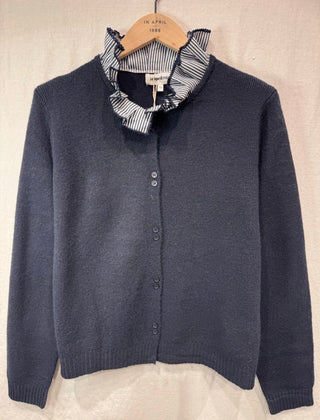 Hambleton Cardigan with Striped Pleated Collar Detail - Ecru, Navy Blue, Pink