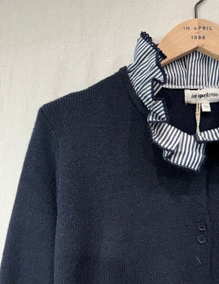 Hambleton Cardigan with Striped Pleated Collar Detail - Ecru, Navy Blue, Pink