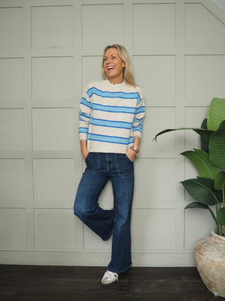 Southwold Stripe Jumper with Broderie Anglaise Detail - Green/Pink, Orange/Pink, Pink/Green, Pink/Red, Sky Blue/Royal Blue, Yellow/Chocolate