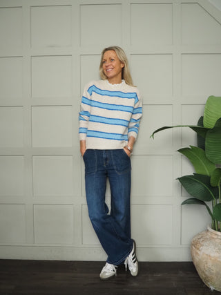 Southwold Stripe Jumper with Broderie Anglaise Detail - Green/Pink, Orange/Pink, Pink/Green, Pink/Red, Sky Blue/Royal Blue, Yellow/Chocolate