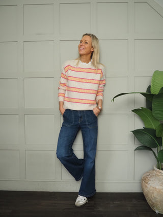 Southwold Stripe Jumper with Broderie Anglaise Detail - Green/Pink, Orange/Pink, Pink/Green, Pink/Red, Sky Blue/Royal Blue, Yellow/Chocolate
