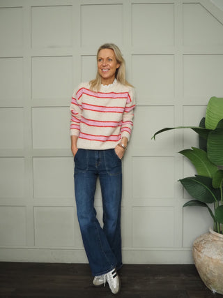 Southwold Stripe Jumper with Broderie Anglaise Detail - Green/Pink, Orange/Pink, Pink/Green, Pink/Red, Sky Blue/Royal Blue, Yellow/Chocolate