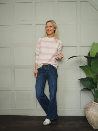 Southwold Stripe Jumper with Broderie Anglaise Detail - Green/Pink, Orange/Pink, Pink/Green, Pink/Red, Sky Blue/Royal Blue, Yellow/Chocolate