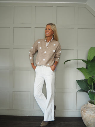 Thurlby Polka Dot Jumper with Broderie Anglaise Trim - Taupe