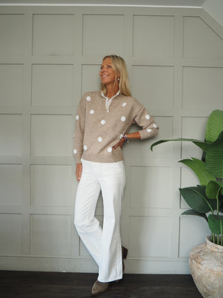 Thurlby Polka Dot Jumper with Broderie Anglaise Trim - Taupe