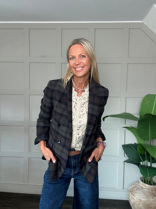 Charlie Classic Tweed Double Breasted Blazer - Charcoal/Chocolate/Navy Blue