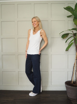 Fresh Ribbed Vest with Lace, Scoop Neck &amp; Frilly Hem - Black, Pale Pink, White