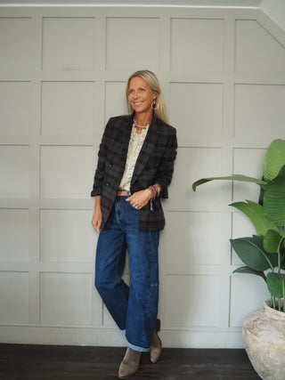 Charlie Classic Tweed Double Breasted Blazer - Charcoal/Chocolate/Navy Blue