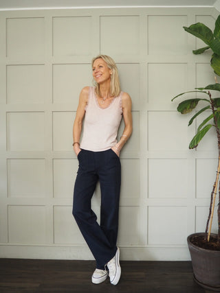 Fresh Ribbed Vest with Lace, Scoop Neck &amp; Frilly Hem - Black, Pale Pink, White