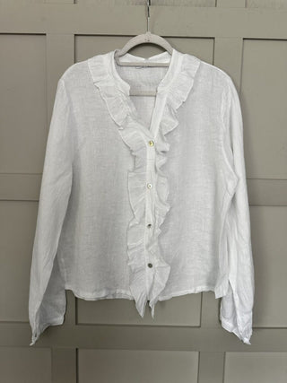 Peasmarsh Linen Blouse with Ruffle - Baby Blue, Coral, Cornflower Blue, Navy Blue, Pale Pink, Red, White