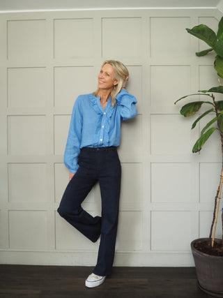 Peasmarsh Linen Blouse with Ruffle - Baby Blue, Coral, Cornflower Blue, Navy Blue, Pale Pink, Red, White