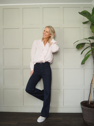 Peasmarsh Linen Blouse with Ruffle - Baby Blue, Coral, Cornflower Blue, Navy Blue, Pale Pink, Red, White