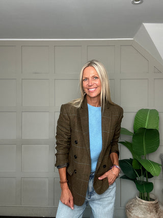 Stephanie Classic Tweed Double Breasted Blazer - Green/Blue/Yellow