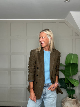 Stephanie Classic Tweed Double Breasted Blazer - Green/Blue/Yellow