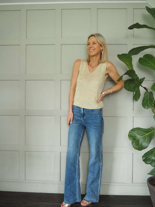 Pongo Long Length, Raw Hem Denim Jeans with Side and Back Pockets - Mid Blue