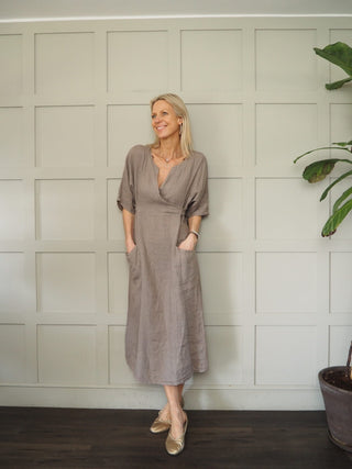 Kensington Linen Dress - Khaki Green, Mushroom, Navy Blue, Tomato Red
