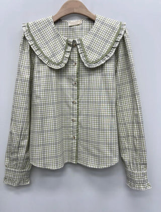 Philippa Blouse with Peter Pan Collar - Green Check, Off White
