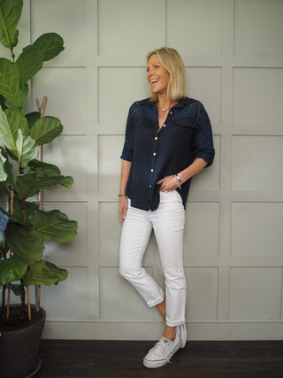 Wanda Mid Rise, Straight Leg Denim Jeans with Raw Hem - White