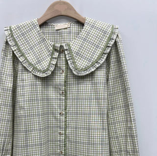 Philippa Blouse with Peter Pan Collar - Green Check, Off White