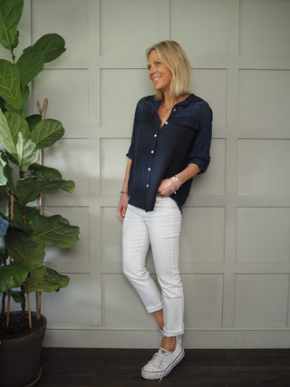 Wanda Mid Rise, Straight Leg Denim Jeans with Raw Hem - White