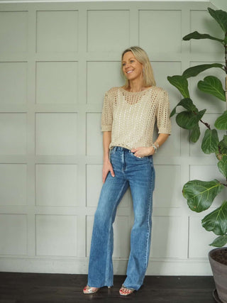 Pongo Long Length, Raw Hem Denim Jeans with Side and Back Pockets - Mid Blue