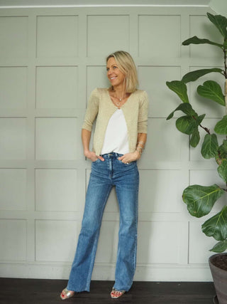 Pongo Long Length, Raw Hem Denim Jeans with Side and Back Pockets - Mid Blue