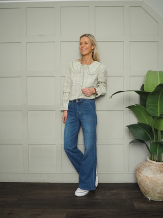 Philippa Blouse with Peter Pan Collar - Green Check, Off White