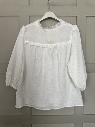 Royal Cheesecloth Cropped Sleeve Blouse - Baby Blue, Coral, Off White, Yellow