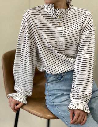 Bracklesham Jersey Stripe Blouse with Ruffle Collar - Navy/Off White