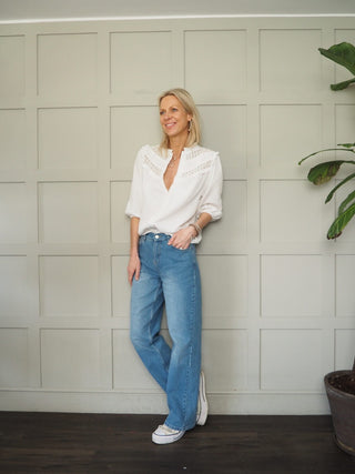 Royal Cheesecloth Cropped Sleeve Blouse - Baby Blue, Coral, Off White, Yellow