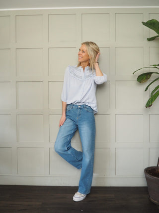 Royal Cheesecloth Cropped Sleeve Blouse - Baby Blue, Coral, Off White, Yellow