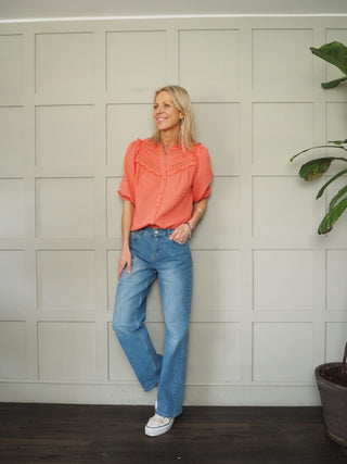 Royal Cheesecloth Cropped Sleeve Blouse - Baby Blue, Coral, Off White, Yellow