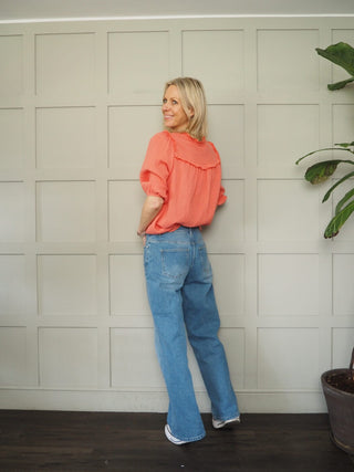 Royal Cheesecloth Cropped Sleeve Blouse - Baby Blue, Coral, Off White, Yellow