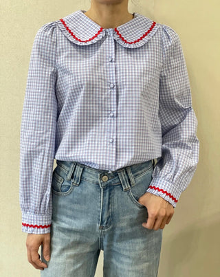 Mayfield Blouse with Peter Pan Collar - Blue Check