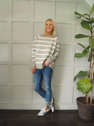 Penni Round Neck, Striped, Boxy Style Jumper - Grey and Mink