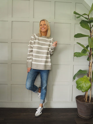 Penni Round Neck, Striped, Boxy Style Jumper - Grey and Mink