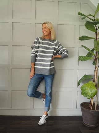 Penni Round Neck, Striped, Boxy Style Jumper - Grey and Mink
