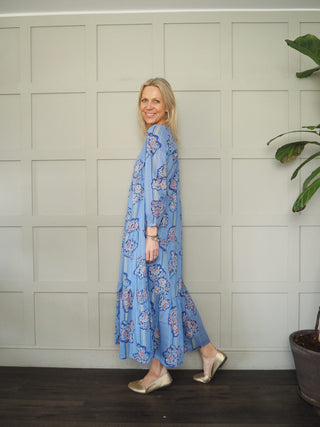 Ester Tiered Maxi Dress - Baby Blue, Blue Floral, Blue/Red/Cream