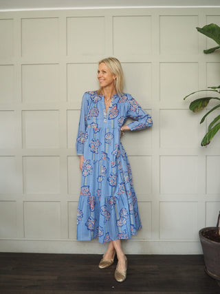 Ester Tiered Maxi Dress - Baby Blue, Blue Floral, Blue/Red/Cream