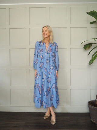 Ester Tiered Maxi Dress - Baby Blue, Blue Floral, Blue/Red/Cream