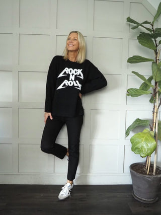 Rock n Roll Round Neck, Oversized Jumper - Black and Grey