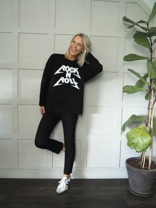 Rock n Roll Round Neck, Oversized Jumper - Black and Grey