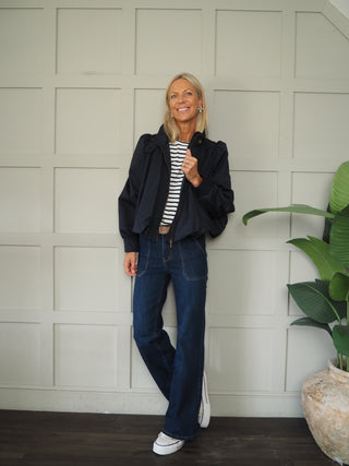 Paris Bubble Hem Swing Jacket with Funnel Neck - Khaki, Navy Blue