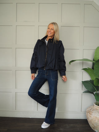 Paris Bubble Hem Swing Jacket with Funnel Neck - Khaki, Navy Blue
