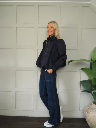Paris Bubble Hem Swing Jacket with Funnel Neck - Khaki, Navy Blue