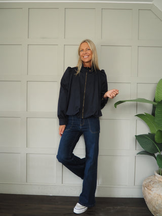 Paris Bubble Hem Swing Jacket with Funnel Neck - Khaki, Navy Blue
