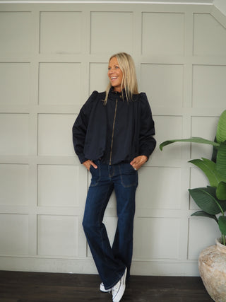 Paris Bubble Hem Swing Jacket with Funnel Neck - Khaki, Navy Blue
