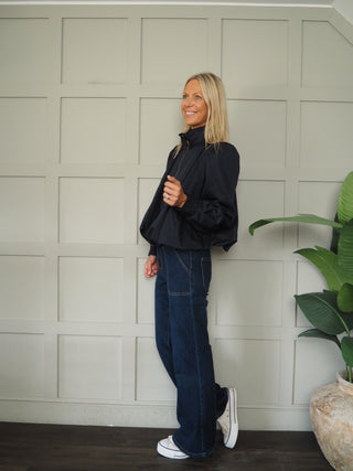 Paris Bubble Hem Swing Jacket with Funnel Neck - Khaki, Navy Blue