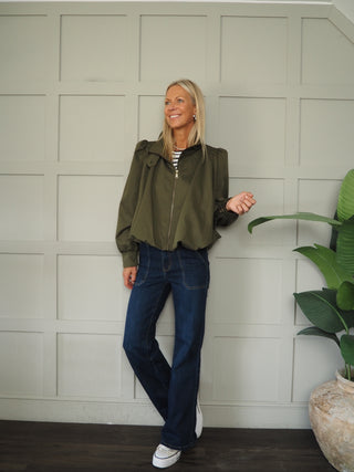 Paris Bubble Hem Swing Jacket with Funnel Neck - Khaki, Navy Blue