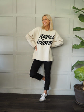 Rebel Forever Round Neck, Oversized Jumper - Cream